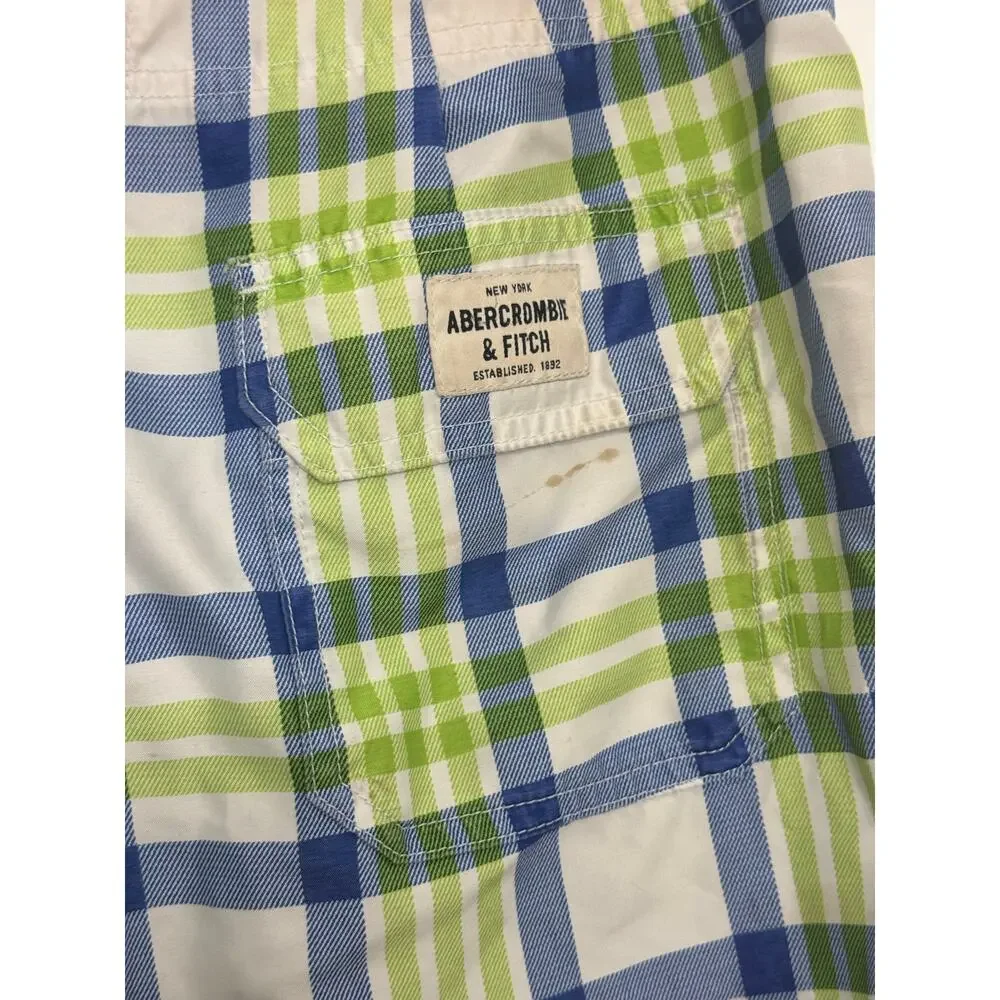Abercrombie & Fitch Green & Blue Plaid Swim Trunks Size Medium Mens